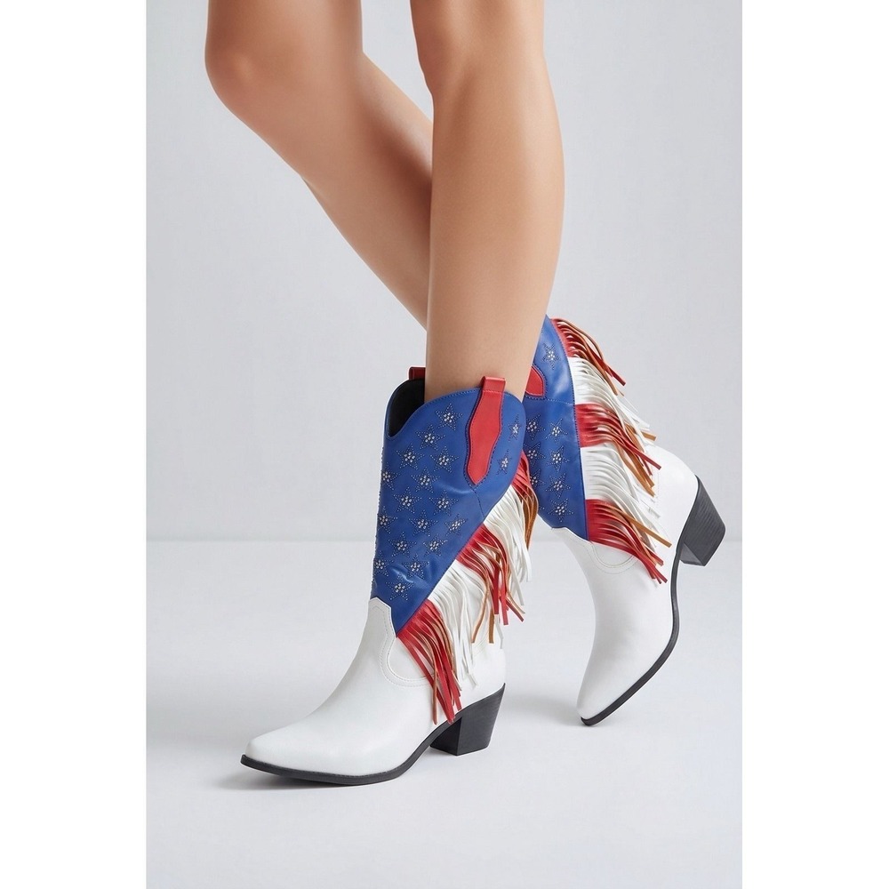 Patriotic Fringe Western Heeled Boots - White/Blue/Red